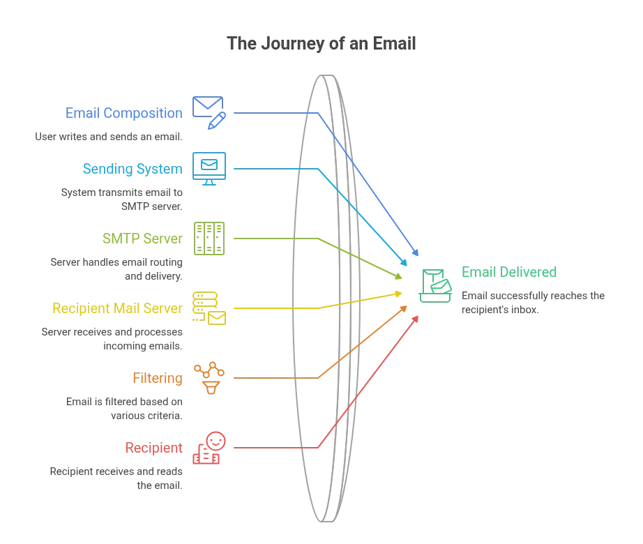 Figure 1 — Simplified email delivery path: email composition, sending system, SMTP server, recipient mail server, filtering and recipient