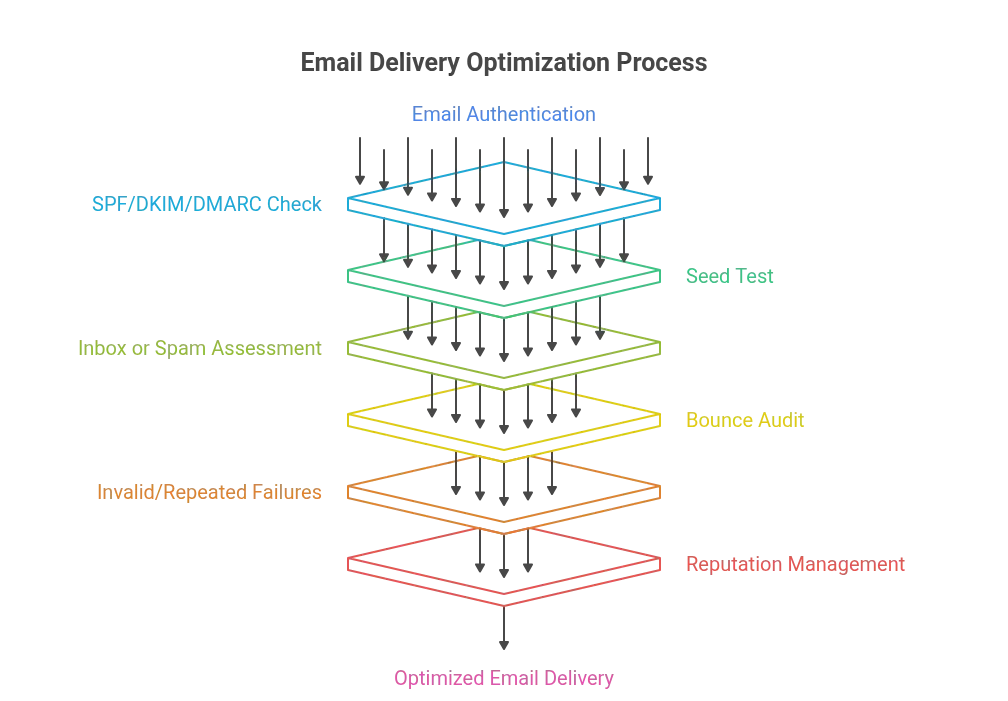Five-minute cold email diagnostic flow: SPF/DKIM/DMARC check, seed test, inbox or spam assessment, bounce audit, invalid or repeated failures, reputation